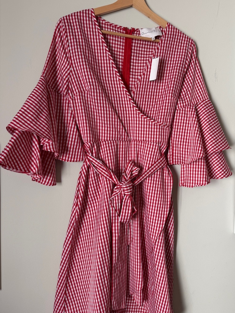 Charles Henry Gingham Dress Women Size Small Red White Faux Wrap